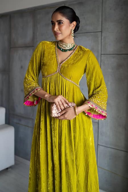 Buy_Rajiramniq_Yellow Velvet, Modal Sequins, Beads, Embroidery V-neck Anarkali And Palazzo Set _Online_at_Aza_Fashions