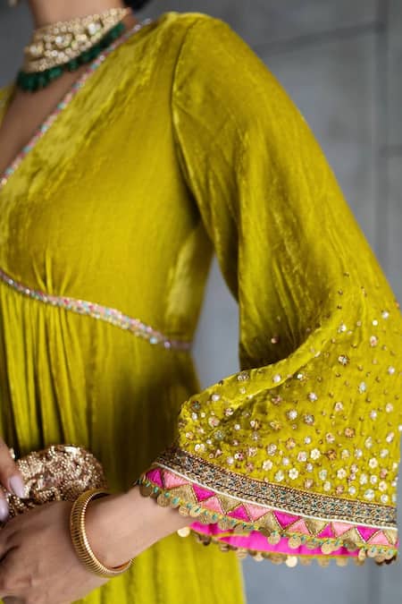 Shop_Rajiramniq_Yellow Velvet, Modal Sequins, Beads, Embroidery V-neck Anarkali And Palazzo Set _Online_at_Aza_Fashions