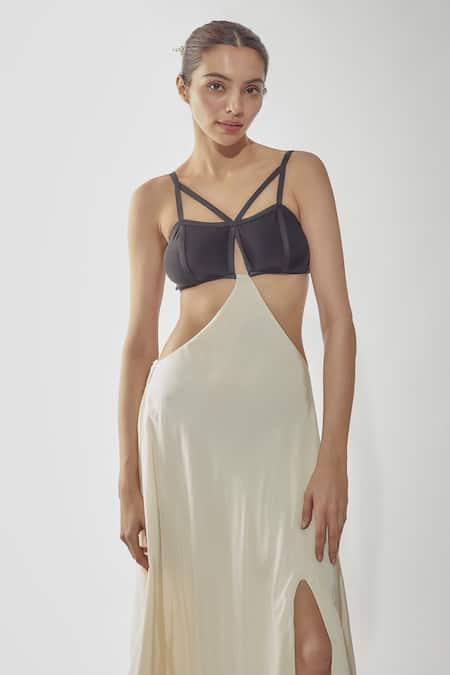 Deme By Gabriella_Black Crepe, Denim V-neck Cut Out Detailing High Slit Gown _Online_at_Aza_Fashions