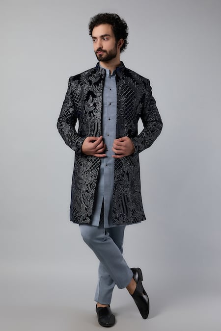 Nero by Shaifali and Satya Blue Velvet Floral Jaal Pattern Open Jacket Trouser Set