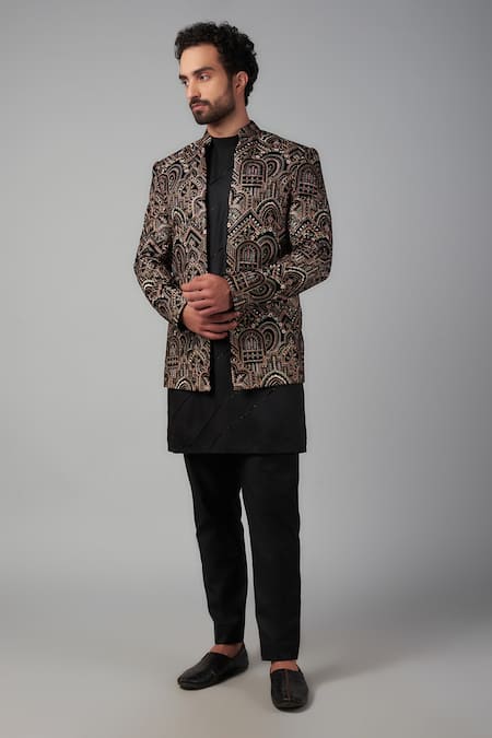 Nero by Shaifali and Satya Black Velvet Embroidered Sequin Thread Silk Jacket Kurta Set