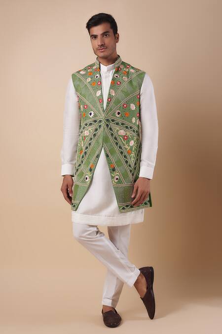 Nero by Shaifali and Satya Green Bamomariu Embroidered Zari Floral Jacket Kurta Set