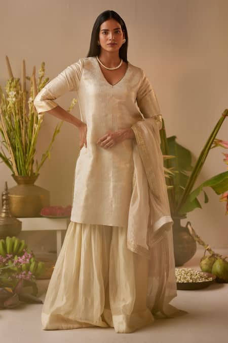 Shorshe Clothing Ivory Brocade And Tissue Hand Embroidered Zari V Anu Banarasi Kurta & Sharara Set 