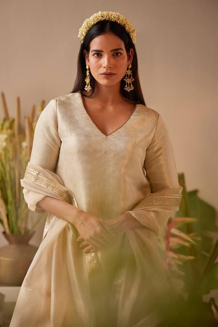 Shorshe Clothing_Ivory Brocade, Tissue Zari, Embroidery V-neck Anu Banarasi Kurta And Sharara Set_Online_at_Aza_Fashions