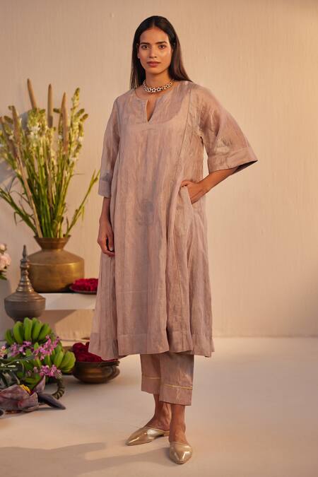 Shorshe Clothing Beige Linen Embroidery, Lace Split Hand Block Print Choga Kurta And Pant Set Online at Aza Fashions Shorshe Clothing_Beige Linen Embroidery, Lace Split Hand Block Print Choga Kurta And Pant Set _Online_at_Aza_Fashions