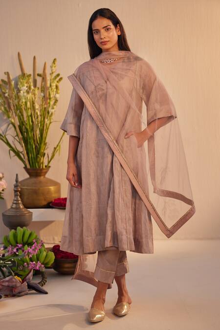 Shop Shorshe Clothing Beige Linen Embroidery, Lace Split Hand Block Print Choga Kurta And Pant Set Online at Aza Fashions Shop_Shorshe Clothing_Beige Linen Embroidery, Lace Split Hand Block Print Choga Kurta And Pant Set _Online_at_Aza_Fashions