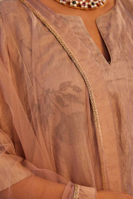 Shorshe Clothing Beige Linen Embroidery, Lace Split Hand Block Print Choga Kurta And Pant Set at Aza Fashions Shorshe Clothing_Beige Linen Embroidery, Lace Split Hand Block Print Choga Kurta And Pant Set _at_Aza_Fashions