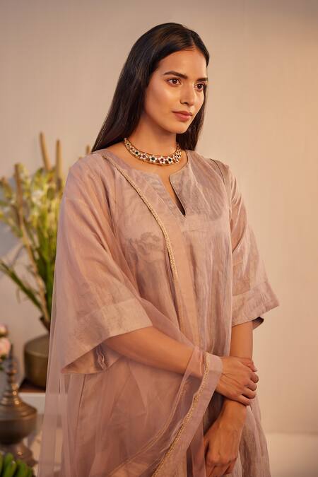 Buy Shorshe Clothing Beige Linen Embroidery, Lace Split Hand Block Print Choga Kurta And Pant Set Buy_Shorshe Clothing_Beige Linen Embroidery, Lace Split Hand Block Print Choga Kurta And Pant Set