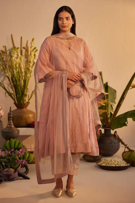 Shorshe Clothing Pink Linen Tissue Hand Block Printed Floral Notched Choga Kurta With Pant 