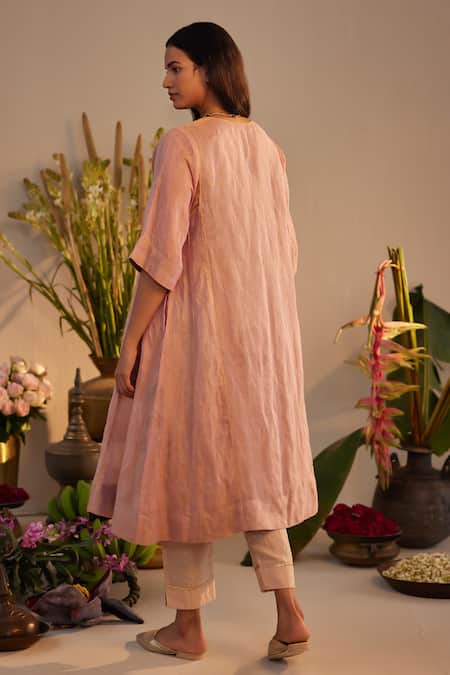 Shop Shorshe Clothing Pink Linen Embroidery Split V-neck Hand Block Print Choga Kurta With Pant at Aza Fashions Shop_Shorshe Clothing_Pink Linen Embroidery Split V-neck Hand Block Print Choga Kurta With Pant _at_Aza_Fashions