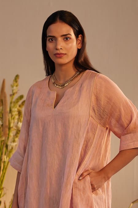 Buy Shorshe Clothing Pink Linen Embroidery Split V-neck Hand Block Print Choga Kurta With Pant Online at Aza Fashions Buy_Shorshe Clothing_Pink Linen Embroidery Split V-neck Hand Block Print Choga Kurta With Pant _Online_at_Aza_Fashions