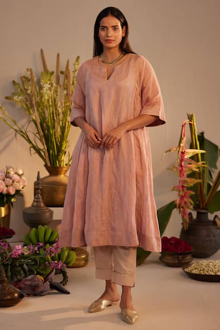 Shop Shorshe Clothing Pink Linen Embroidery Split V-neck Hand Block Print Choga Kurta With Pant Online at Aza Fashions Shop_Shorshe Clothing_Pink Linen Embroidery Split V-neck Hand Block Print Choga Kurta With Pant _Online_at_Aza_Fashions