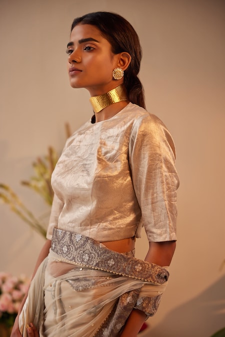 Shorshe Clothing_Silver Brocade, Satin Round Neck Metallic Princess Blouse _Online_at_Aza_Fashions