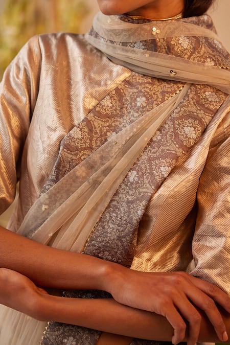 Buy_Shorshe Clothing_Silver Brocade, Satin Round Neck Metallic Princess Blouse _Online_at_Aza_Fashions