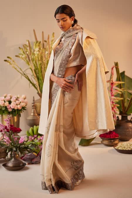 Shop_Shorshe Clothing_Silver Brocade, Satin Round Neck Metallic Princess Blouse _Online_at_Aza_Fashions