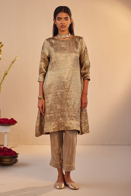 Shorshe Clothing_Grey Ramie, Tissue, Brocade Embroidery Round Ribbed Metallic Kurta And Pant Set _Online_at_Aza_Fashions