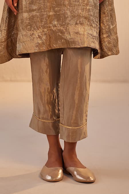 Buy_Shorshe Clothing_Grey Ramie, Tissue, Brocade Embroidery Round Ribbed Metallic Kurta And Pant Set _Online_at_Aza_Fashions