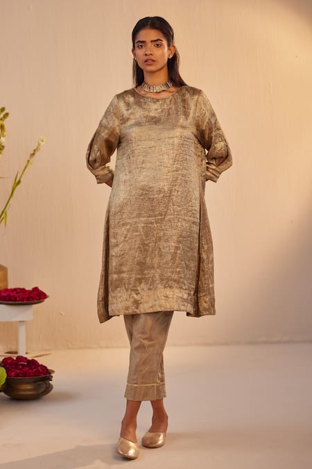 Shop_Shorshe Clothing_Grey Ramie, Tissue, Brocade Embroidery Round Ribbed Metallic Kurta And Pant Set _Online_at_Aza_Fashions