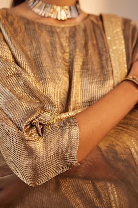 Shorshe Clothing_Grey Ramie, Tissue, Brocade Embroidery Round Ribbed Metallic Kurta And Pant Set _at_Aza_Fashions