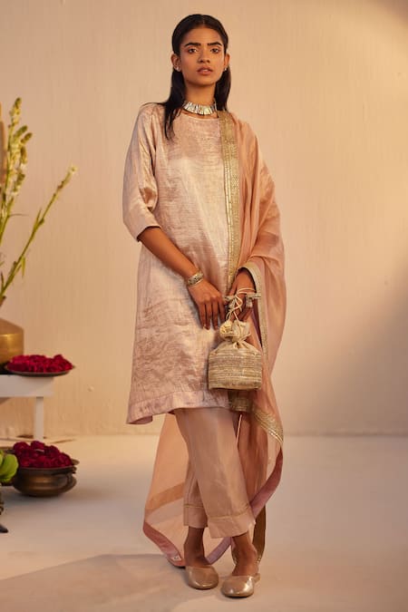 Shop_Shorshe Clothing_Pink Tissue Lace Round Neck Ribbed Metallic Kurta With Pant _Online_at_Aza_Fashions