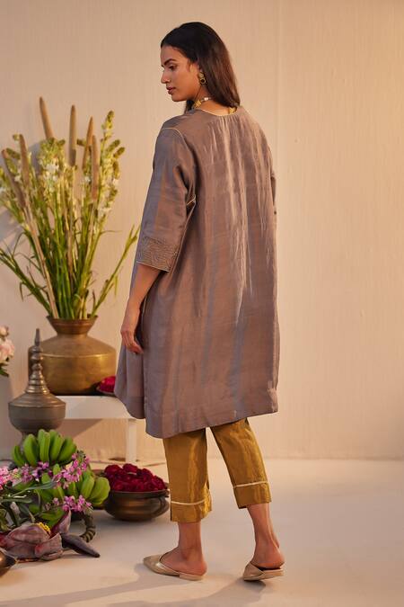 Shop Shorshe Clothing Grey Silk, Tissue Lace, Zari Split V-neck Embroidered Sleeve Kurta And Pant Set at Aza Fashions Shop_Shorshe Clothing_Grey Silk, Tissue Lace, Zari Split V-neck Embroidered Sleeve Kurta And Pant Set_at_Aza_Fashions