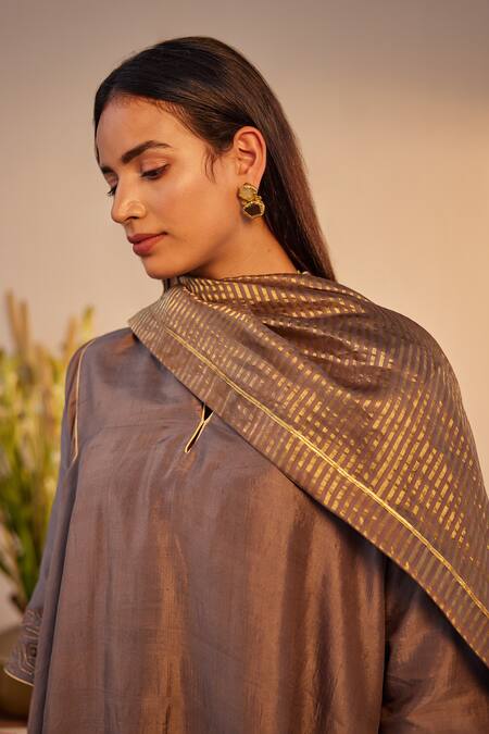 Shop Shorshe Clothing Grey Silk, Tissue Lace, Zari Split V-neck Embroidered Sleeve Kurta And Pant Set Online at Aza Fashions Shop_Shorshe Clothing_Grey Silk, Tissue Lace, Zari Split V-neck Embroidered Sleeve Kurta And Pant Set_Online_at_Aza_Fashions