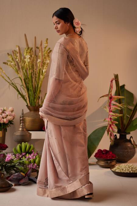 Buy_Shorshe Clothing_Beige Brocade, Satin V-neck Nina Blouse _Online_at_Aza_Fashions