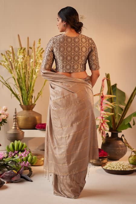 Shorshe Clothing_Grey Brocade, Satin Embroidery Round Neck Floral Pattern Blouse _Online_at_Aza_Fashions