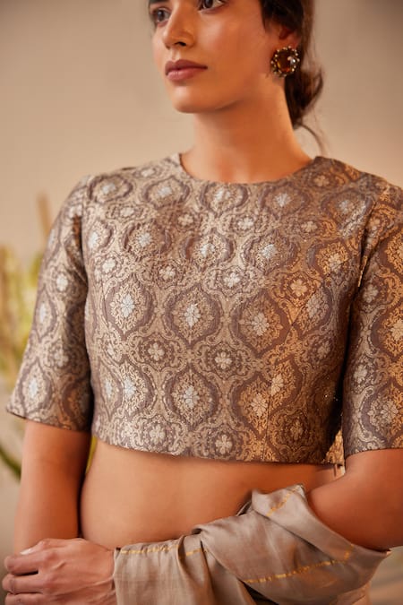 Buy_Shorshe Clothing_Grey Brocade, Satin Embroidery Round Neck Floral Pattern Blouse _Online_at_Aza_Fashions