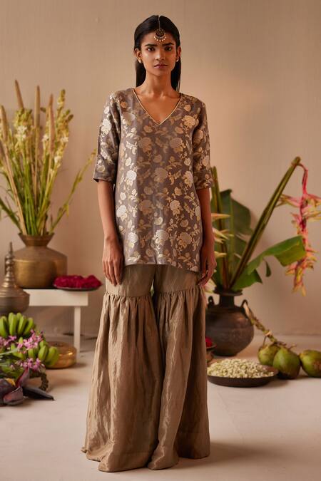 Shorshe Clothing_Grey Brocade, Tissue Embroidery, Zari Sara Floral Pattern Kurta And Sharara Set_Online_at_Aza_Fashions