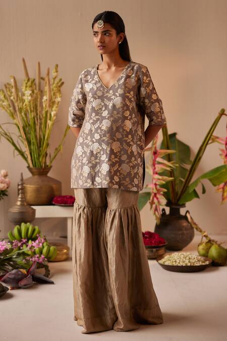 Shop_Shorshe Clothing_Grey Brocade, Tissue Embroidery, Zari Sara Floral Pattern Kurta And Sharara Set_Online_at_Aza_Fashions