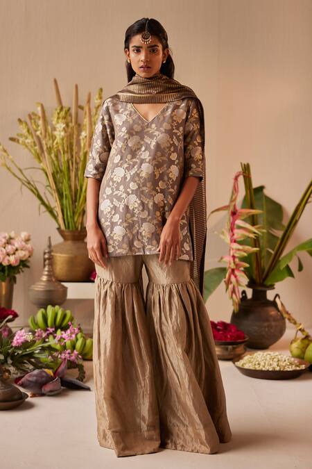Shorshe Clothing_Grey Brocade, Tissue Embroidery, Zari Sara Floral Pattern Kurta And Sharara Set_at_Aza_Fashions