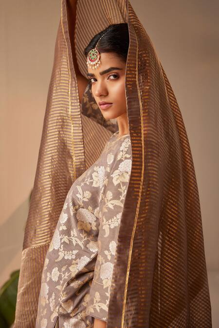 Shop_Shorshe Clothing_Grey Brocade, Tissue Embroidery, Zari Sara Floral Pattern Kurta And Sharara Set