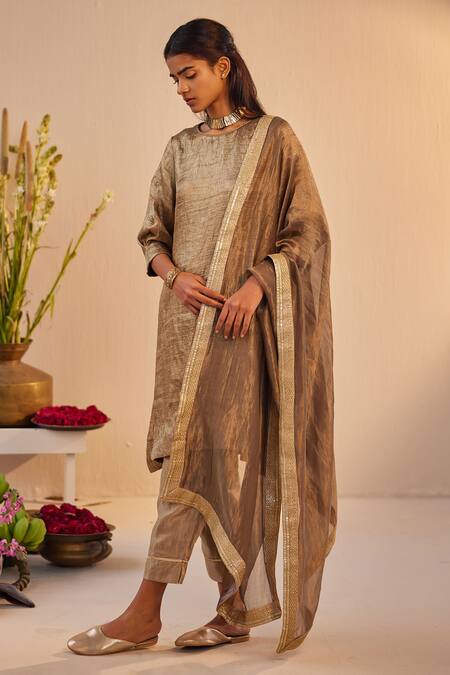 Shop_Shorshe Clothing_Grey Chanderi Lace Zari Striped Dupatta_at_Aza_Fashions