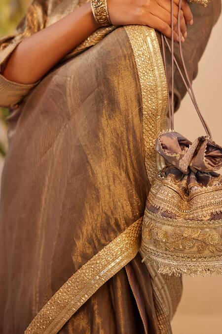 Shorshe Clothing_Grey Chanderi Lace Zari Striped Dupatta_Online_at_Aza_Fashions