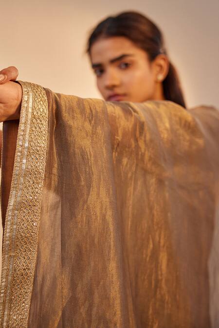 Buy_Shorshe Clothing_Grey Chanderi Lace Zari Striped Dupatta_Online_at_Aza_Fashions