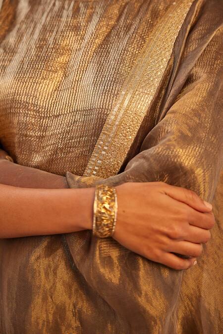 Shop_Shorshe Clothing_Grey Chanderi Lace Zari Striped Dupatta_Online_at_Aza_Fashions