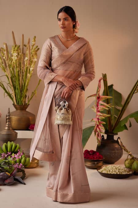 Shorshe Clothing Beige Net Embellished Lace Trims Shazia Banarasi Brocade Border Saree 