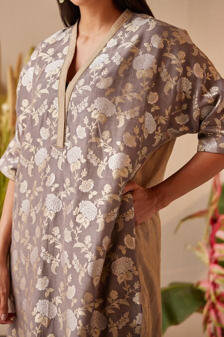 Shorshe Clothing Grey Brocade, Tissue Embroidery Woven Floral Blossom Pattern Kurta With Pant Online at Aza Fashions Shorshe Clothing_Grey Brocade, Tissue Embroidery Woven Floral Blossom Pattern Kurta With Pant_Online_at_Aza_Fashions