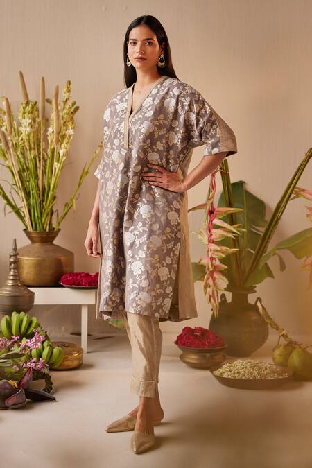 Buy Shorshe Clothing Grey Brocade, Tissue Embroidery Woven Floral Blossom Pattern Kurta With Pant Online at Aza Fashions Buy_Shorshe Clothing_Grey Brocade, Tissue Embroidery Woven Floral Blossom Pattern Kurta With Pant_Online_at_Aza_Fashions