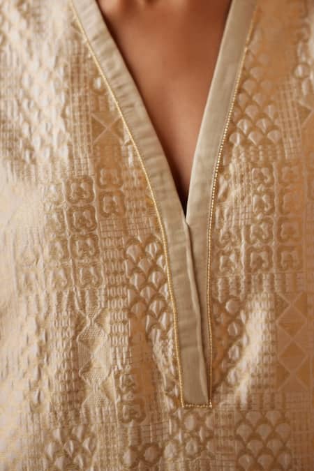 Shop_Shorshe Clothing_Ivory Brocade, Tissue Embroidery V-neck Woven Geometric Pattern Kurta With Pant _Online_at_Aza_Fashions