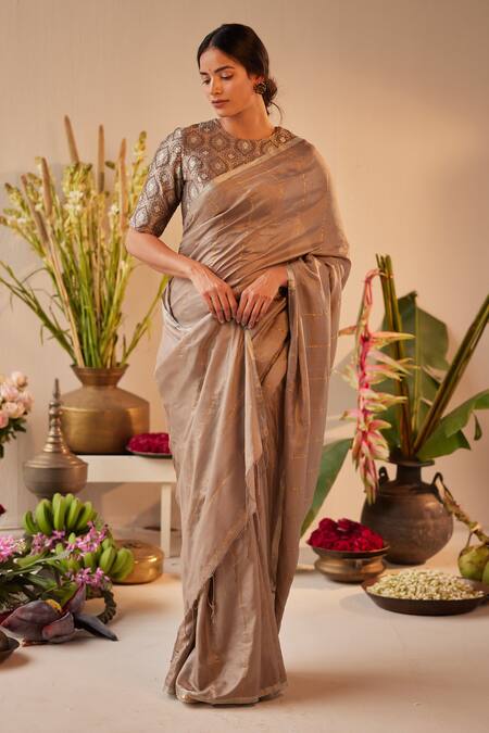 Buy_Shorshe Clothing_Grey Silk Zari Pure Woven Saree_Online_at_Aza_Fashions