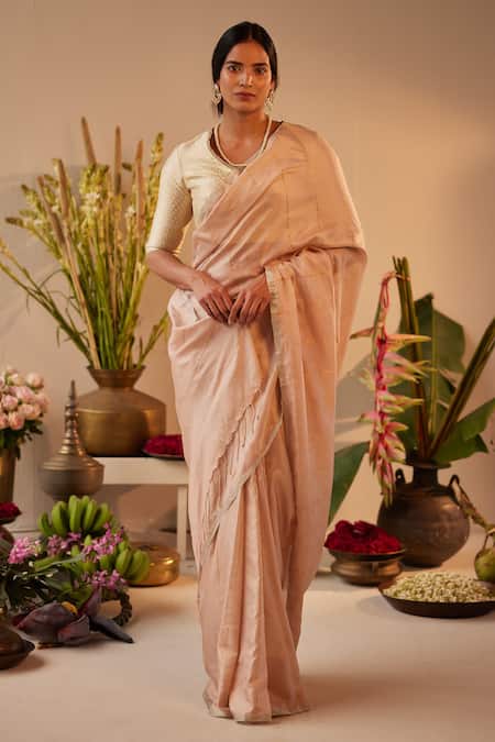 Shorshe Clothing_Pink Silk Zari Woven Stripe Saree_Online_at_Aza_Fashions
