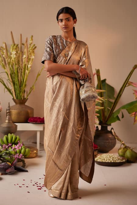 Shorshe Clothing_Gold Tissue, Brocade Woven Stripe Saree _Online_at_Aza_Fashions