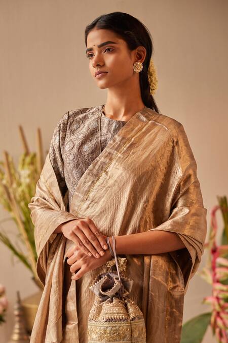 Buy_Shorshe Clothing_Gold Tissue, Brocade Woven Stripe Saree _Online_at_Aza_Fashions