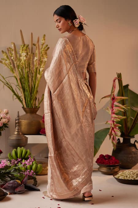 Shop Shorshe Clothing Pink Tissue, Brocade Woven Textured Saree at Aza Fashions Shop_Shorshe Clothing_Pink Tissue, Brocade Woven Textured Saree _at_Aza_Fashions