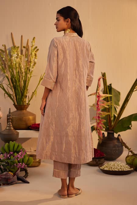 Shop Shorshe Clothing Pink Tissue, Linen Beads, Embroidery Geometric Woven Border Kurta With Pant at Aza Fashions Shop_Shorshe Clothing_Pink Tissue, Linen Beads, Embroidery Geometric Woven Border Kurta With Pant _at_Aza_Fashions