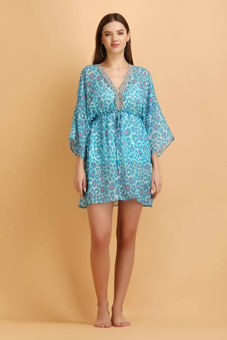 Label Ivish_Blue Chiffon, Muslin Embroidery V-neck Smear Print Kaftan With Inner Slip _Online_at_Aza_Fashions