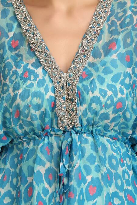 Shop_Label Ivish_Blue Chiffon, Muslin Embroidery V-neck Smear Print Kaftan With Inner Slip _Online_at_Aza_Fashions