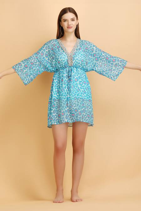 Label Ivish_Blue Chiffon, Muslin Embroidery V-neck Smear Print Kaftan With Inner Slip _at_Aza_Fashions